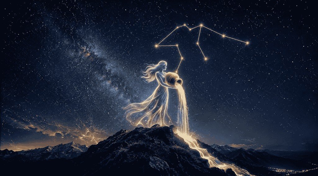 Water Bearer silhouette beneath the Aquarius constellation at night