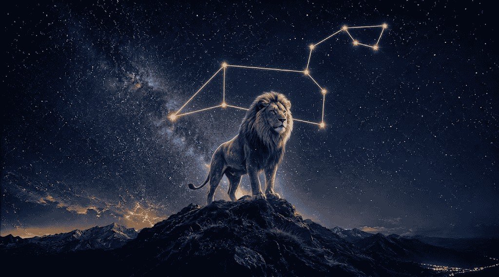 Lion silhouette beneath the Leo constellation at night