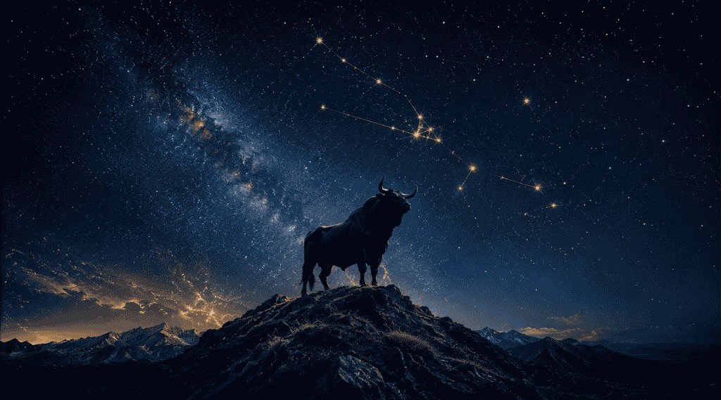 Bull silhouette beneath the Taurus constellation at night
